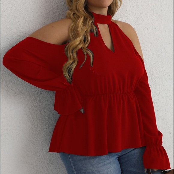 Boho Plus Size Off Shoulder Halter Neck Cut Out Flounce Peplum Top Blouse RED - Picture 7 of 16